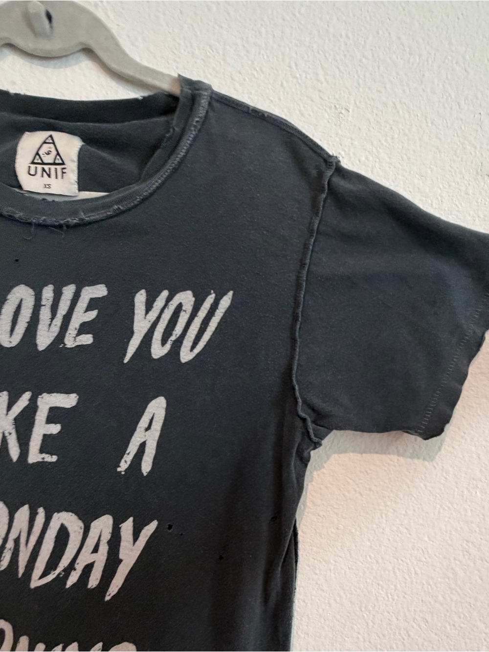 RARE VINTAGE UNIF “Love You Like A Monday” Distressed Black Graphic Tee, size xs - Picture 6 of 14